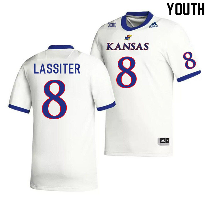 Youth #8 Kwinton Lassiter Kansas Jayhawks College Football Jerseys Stitched Sale-White - Click Image to Close